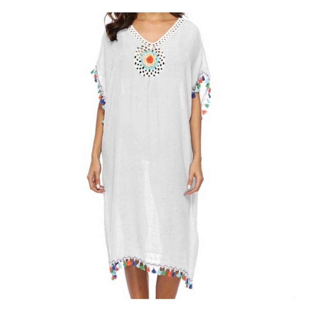 Women's Solid Crochet Beach Cover-up Dress White One Size